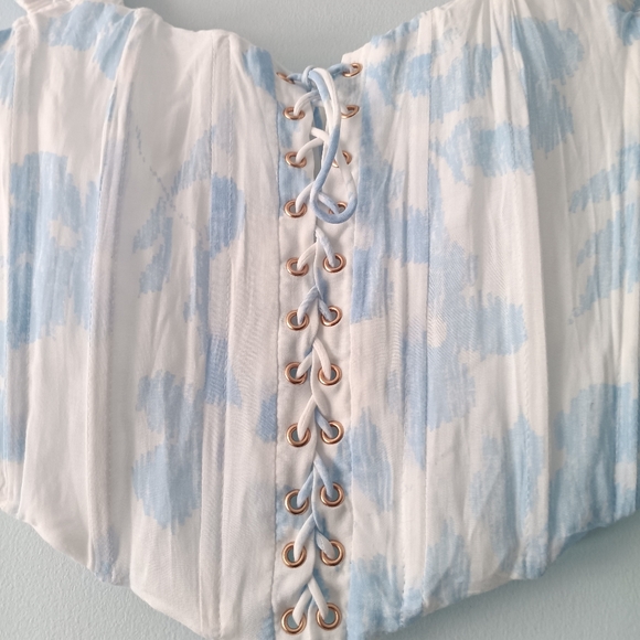 Sabo White Blue Watercolor Print Lace Up Corset Bustier Top Ruched Strap S - Picture 4 of 8